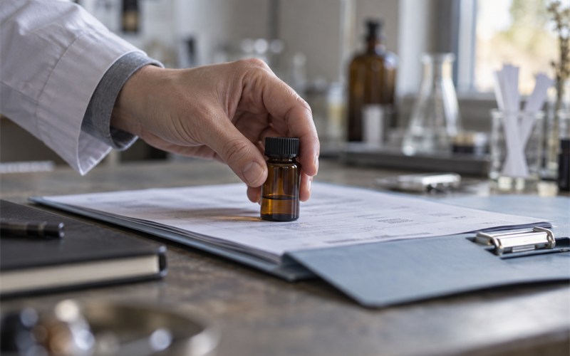 A fragrance quality specialist placing an unbranded sample vial beside a compliance file during product review