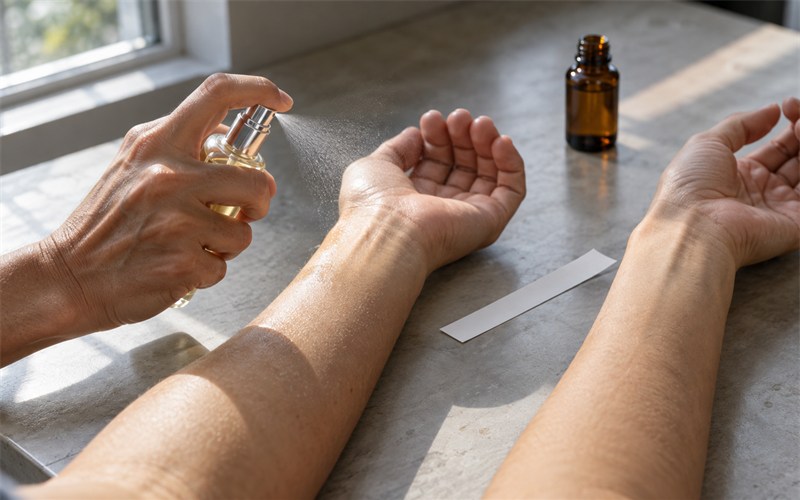 Two different perfume applications being tested on separate forearms in daylight