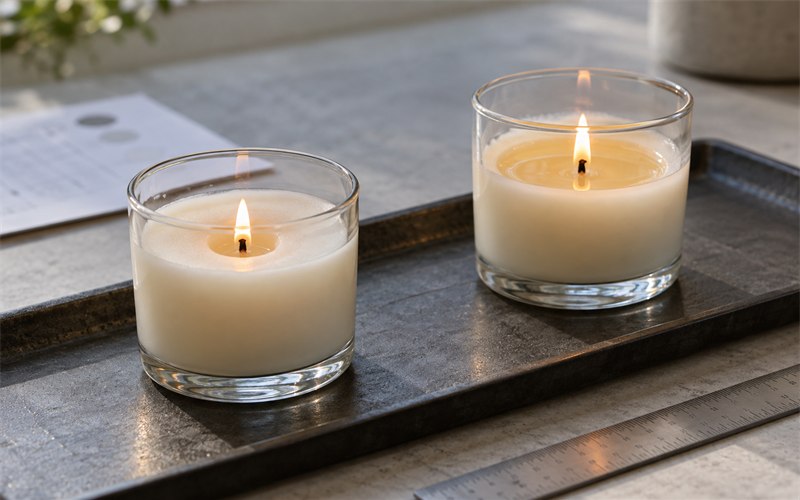 Two unbranded candle testers with different melt-pool widths during a controlled wick comparison
