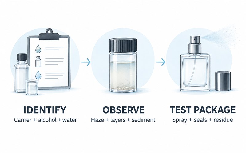 Sequence for checking a proposed alcohol perfume: identify materials, observe the mixture and test the package.