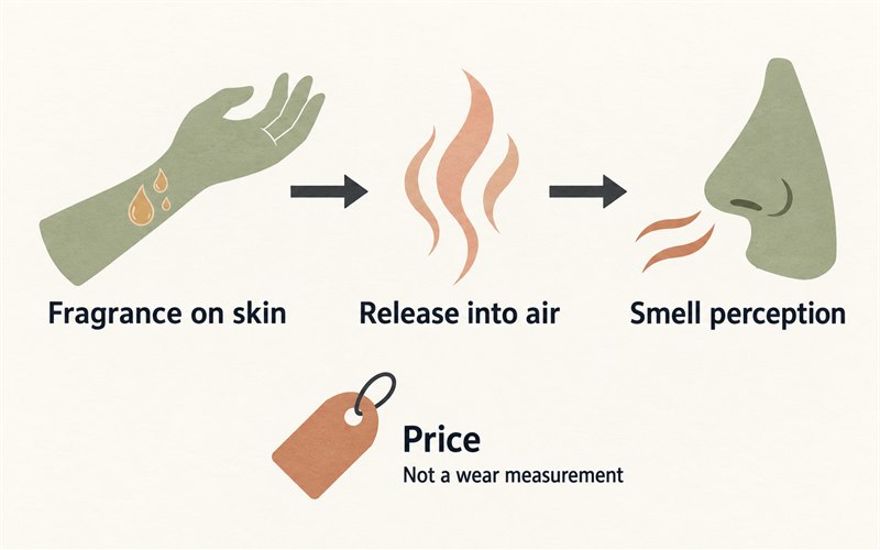Concept diagram separating fragrance release from skin and smell perception