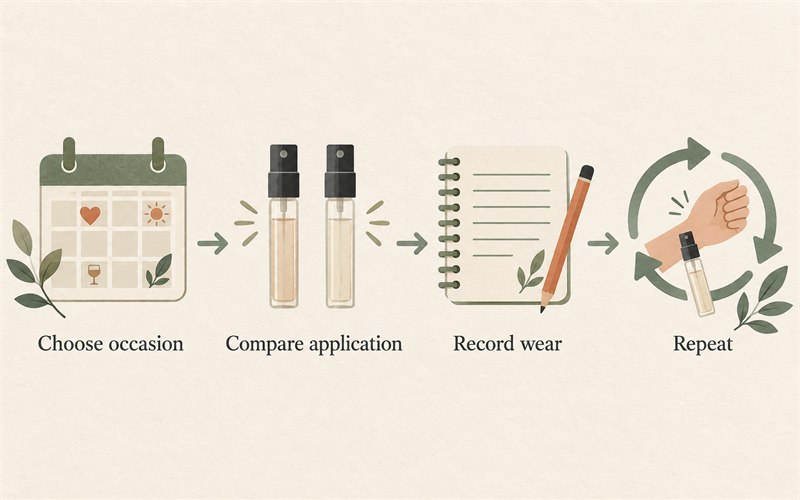 Four-step perfume sample comparison from intended use to repeated wear observation