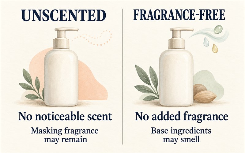 Two cosmetic label concepts compared: unscented may include masking fragrance, while fragrance-free has no added fragrance and base ingredients may still smell.