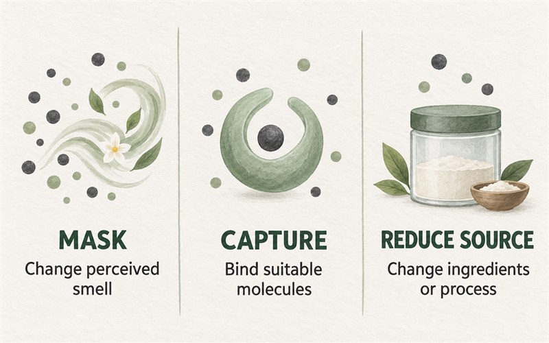 Three conceptual approaches to odour control: masking, capture and reducing the source.
