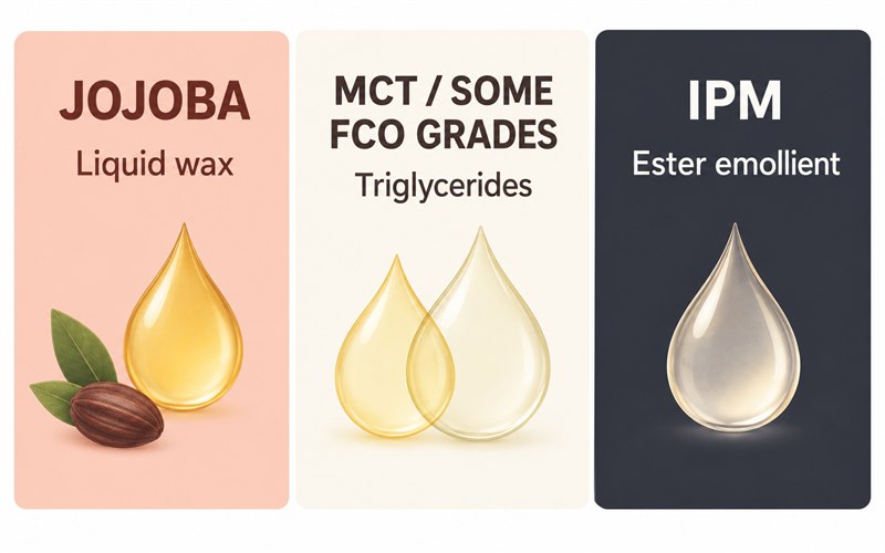 Material families compared: jojoba liquid wax, MCT or some fractionated coconut grades as triglycerides, and IPM as an ester emollient.