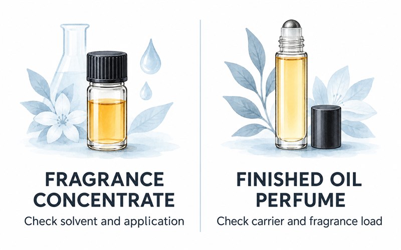 A fragrance concentrate and a finished oil perfume are distinguished by their carrier information.