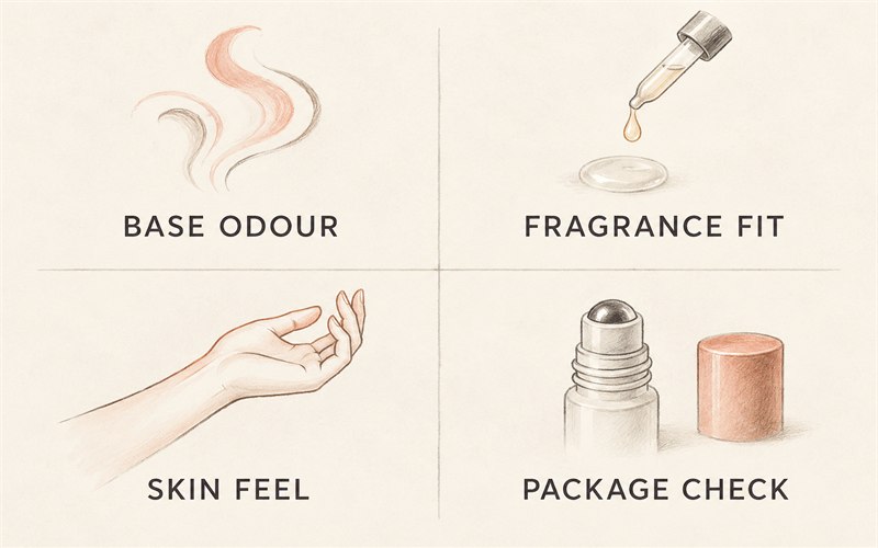 Checks for choosing a perfume oil carrier: base odour, fragrance compatibility, skin feel and package performance.