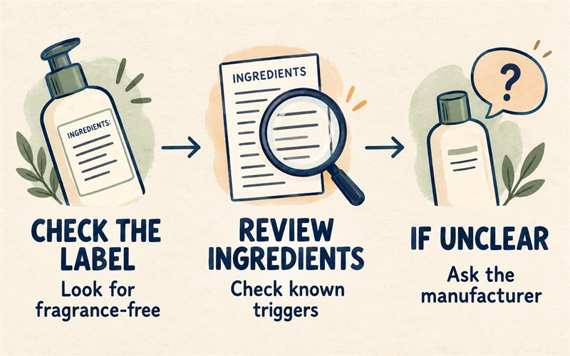 Three steps for checking a skincare product: look for fragrance-free, review ingredients and known triggers, and ask the manufacturer if information is unclear.