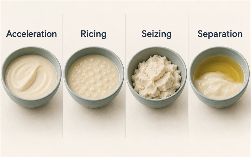 Illustrated comparison of thickened, grainy, seized and separated soap batter