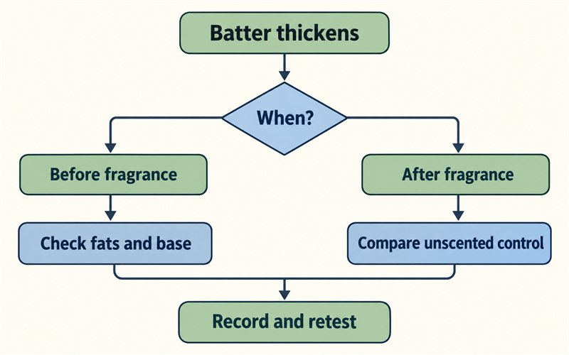 Troubleshooting flow branching by thickening before or after fragrance addition