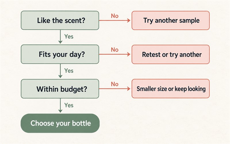 Purchase decision tree: check scent preference, wear suitability and budget, with branches to try another sample, retest or choose a bottle.